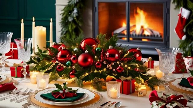  Festive Christmas Table Setting with Holly Napkin and Snow Globe