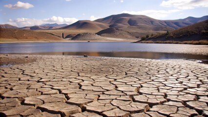 Cracked Earth Beside a Lake with Hills in the Background