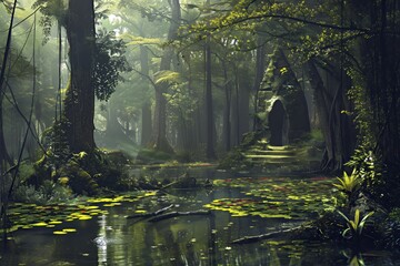 A serene forest scene with ancient ruins and a tranquil pond filled with lily pads.
