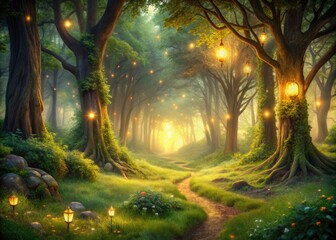 Enchanted Forest: Whimsical, nature, lush greenery, fairy tale, golden hour