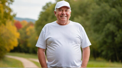 Fototapeta premium Plus size senior man wearing white t-shirt and white baseball cap standing in nature