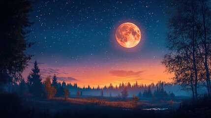 Naklejka premium Red full moon rising over a forest under a starry night sky.