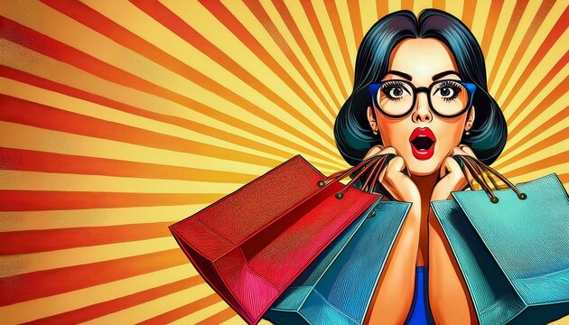 Amazed young sexy woman in glasses with shopping bags in comic style. Pop Art wow girl. Advertising poster