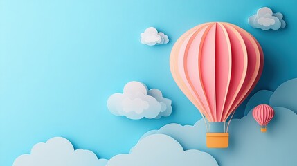  Pink hot air balloon floating among clouds in a blue sky.