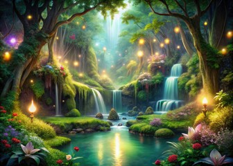 Enchanting Forest Fairyland: lush greenery, sparkling waterfalls, mystical creatures, ethereal lighting