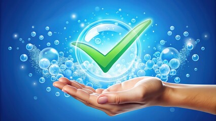 A bright blue illustration of a hand under running water with soap bubbles, surrounded by a green checkmark, symbolizing cleanliness and good hygiene practices.