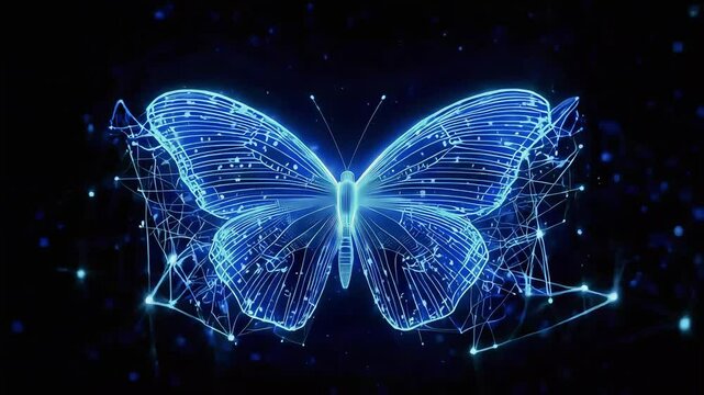 Glowing blue butterfly silhouette with connected lines.