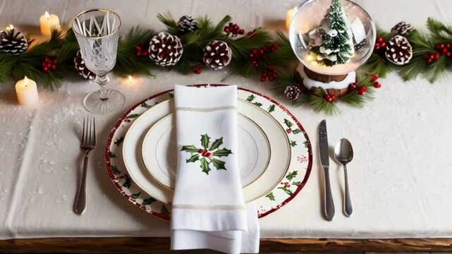 Festive Christmas Table Setting with Candles, Ornaments, and Fireplace