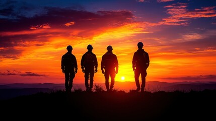 Fototapeta premium Workers stand together, silhouetted by a stunning sunset in the background
