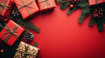 Christmas presents wrapped with twine and festive paper surrounded by pine cones, evergreen branches, and ornaments on a red background.