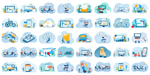 set business flat vector illustration design style concept. for graphic and web page banners. cartoon character design. team online video conference meeting. business planning. data analytics. finance