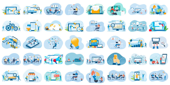 set business flat vector illustration design style concept. for graphic and web page banners. cartoon character design. team online video conference meeting. business planning. data analytics. finance