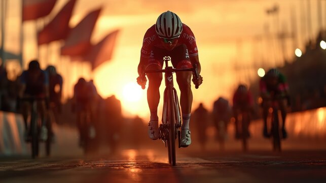 A cyclist pushes forward in a competitive race during sunrise, capturing the determination and intensity of the sport as other racers follow close behind.