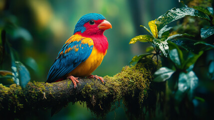 A brilliantly colored macaw perched amidst the lush green canopy of a tropical rainforest,  