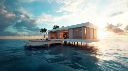 A luxurious modern overwater villa with expansive glass windows, overlooking a tranquil ocean at sunset, featuring a deck with loungers and palm trees.