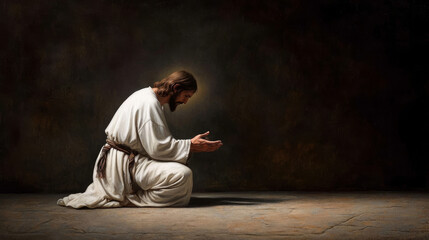Fototapeta premium A solitary figure of Jesus Christ kneels in prayer, hands outstretched, symbolizing humility, devotion, and seeking divine guidance. The dimly lit setting emphasizes the solemnity of the moment, highl