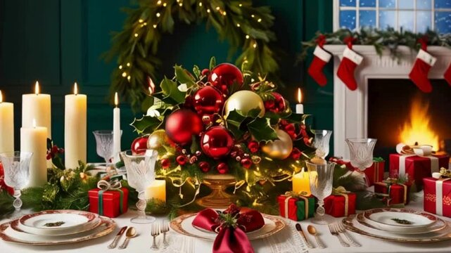 Festive Christmas Table Setting with Holly Napkin and Snow Globe
