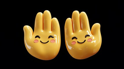Cheerful cartoon yellow hands with smiling faces against a black background.