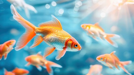 Fototapeta premium A vibrant underwater scene featuring goldfish swimming gracefully in clear blue water, illuminated by soft sunlight.