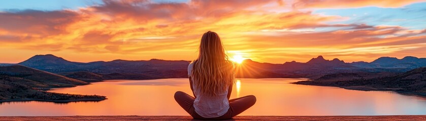 Fototapeta premium A woman with flawless skin, gazing out over a peaceful lake at sunset
