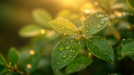 A close-up shot of fresh green leaves covered in dew drops, illuminated by warm morning sunlight with soft bokeh in the background.