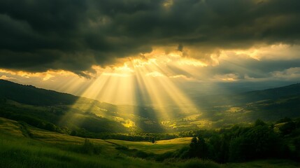 Golden sun rays break through thick, dark clouds, illuminating a lush green valley below, creating a dramatic and serene landscape.