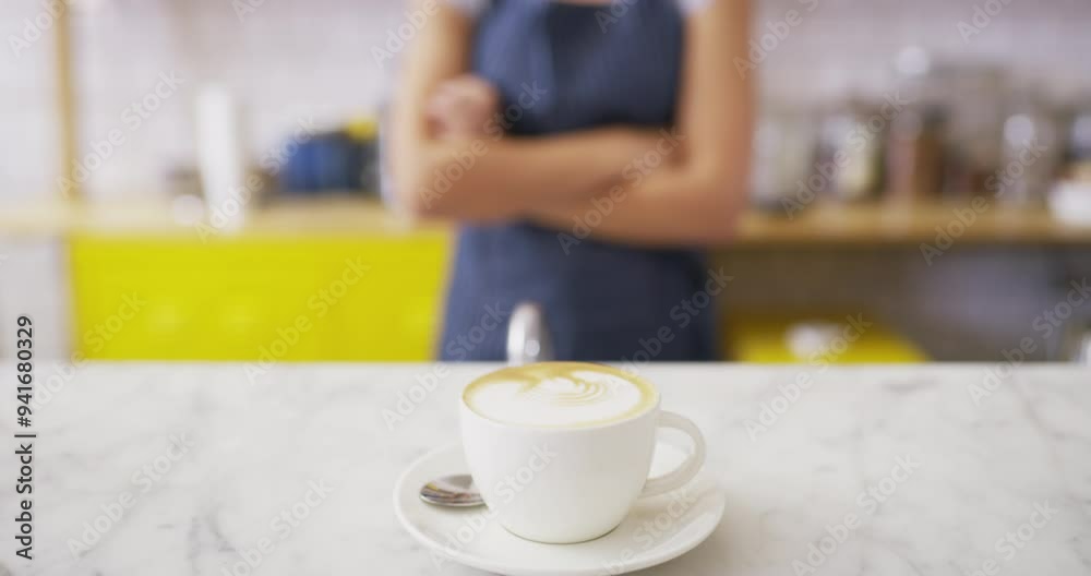 Sticker Woman, coffee shop and waitress serving espresso with smile, cafe and startup store. Service, business owner and working with colleague, worker and apron for restaurant, beverage and female barista