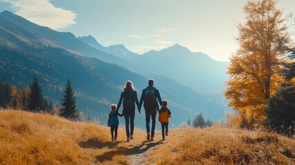 Fototapeta premium A family enjoys a scenic autumn hike in the mountains, surrounded by colorful foliage and stunning views during a sunny afternoon