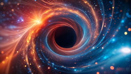 Dynamic Black Hole with Bright Blue and Orange Light Swirling in Deep Space