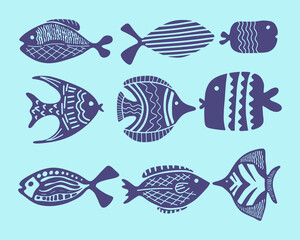 Fish collection marine life element clip art sea animal  vector silhouette isolated editable