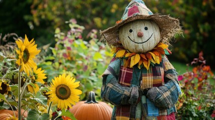 Friendly scarecrow standing in a rural garden with sunflowers and pumpkins, wearing worn patchwork clothes, surrounded by colorful autumn trees, capturing the charm of fall
