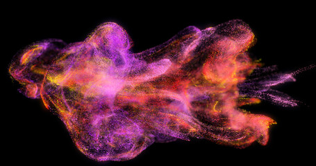 Fluid motion of red pink particles jellyfish in black space. Bright glowing fluid. Abstraction, backdrop.