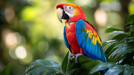 A brilliantly colored macaw perched amidst the lush green canopy of a tropical rainforest,  