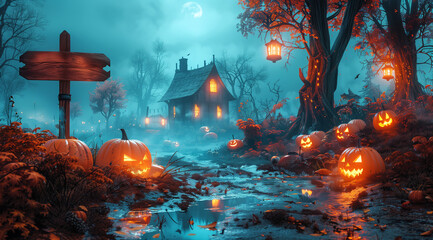 Spooky Halloween scene with pumpkins and a foggy night house