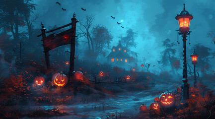 Spooky Halloween scene with pumpkins and a foggy night house