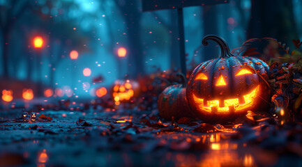 Spooky Halloween scene with pumpkins and a foggy night house