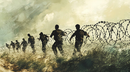 Fototapeta premium Group of refugees bravely escaping through a barbed wire fence at the border, seeking safety and freedom, facing desperation, fear, and uncertainty on their journey to a new life