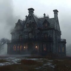 Obraz premium Haunted Victorian Mansion in Ominous Nighttime Atmosphere with Ornate Architecture and Chiaroscuro Lighting