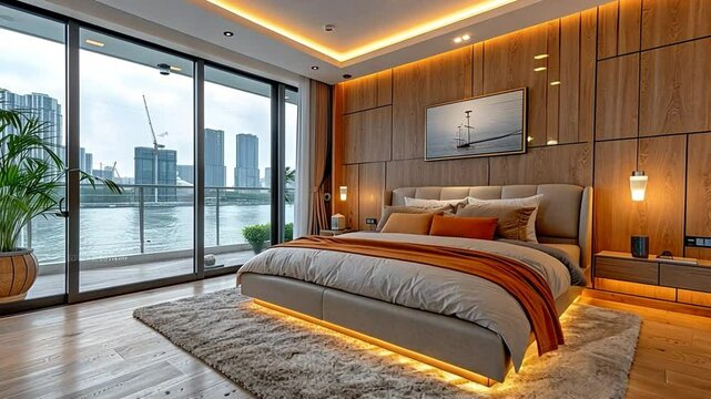 interior double bed, bedside tables, and sliding door closet in a modern bedroom
