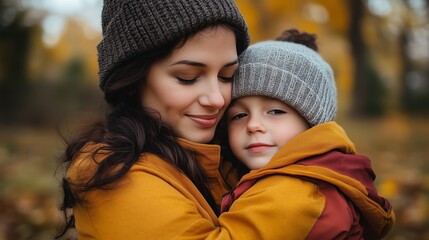 Obraz premium A mother and her child share a warm embrace outdoors in autumn, surrounded by colorful leaves and soft golden light