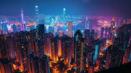 Fototapeta premium A bustling city at night with radiant lights from buildings and streets creating a vibrant glow 