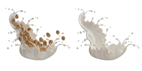 Soy Milk And Soy Beans Pouring Down Splash, 3d Rendering