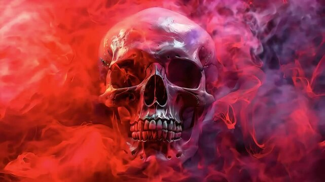 Human skull engulfed in red and purple smoke.