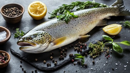 Freshly caught trout garnished with herbs and lemon on a rustic kitchen countertop