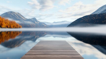 Obraz premium Serene lake with morning mist, breathtaking mountain reflections, idyllic autumn scene with wooden pier and hiking trails, 3D illustration, copy space for text