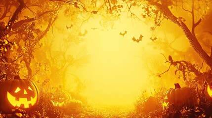 Spooky Halloween Night with Pumpkins and Bats. Background and text space. AI generated image