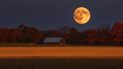 Fototapeta na wymiar Stunning harvest moon rising over a peaceful rural landscape, casting a golden glow on freshly harvested fields, with vibrant autumn trees and a barn silhouette in the distance