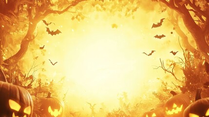 Spooky Halloween Night with Pumpkins and Bats. Background and text space. AI generated image