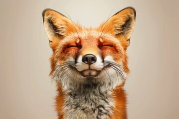 Fototapeta premium Close-Up of a Smiling Fox with Closed Eyes Against Neutral Background