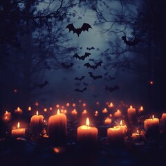 Fototapeta premium Spooky Candlelit Halloween Scenes with Flying Bats background. AI generated image